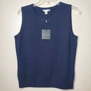 NWT‎ St John Sport Navy Blue Pointelle Knit Sweater Vest Crewneck Mesh Yoke Wool